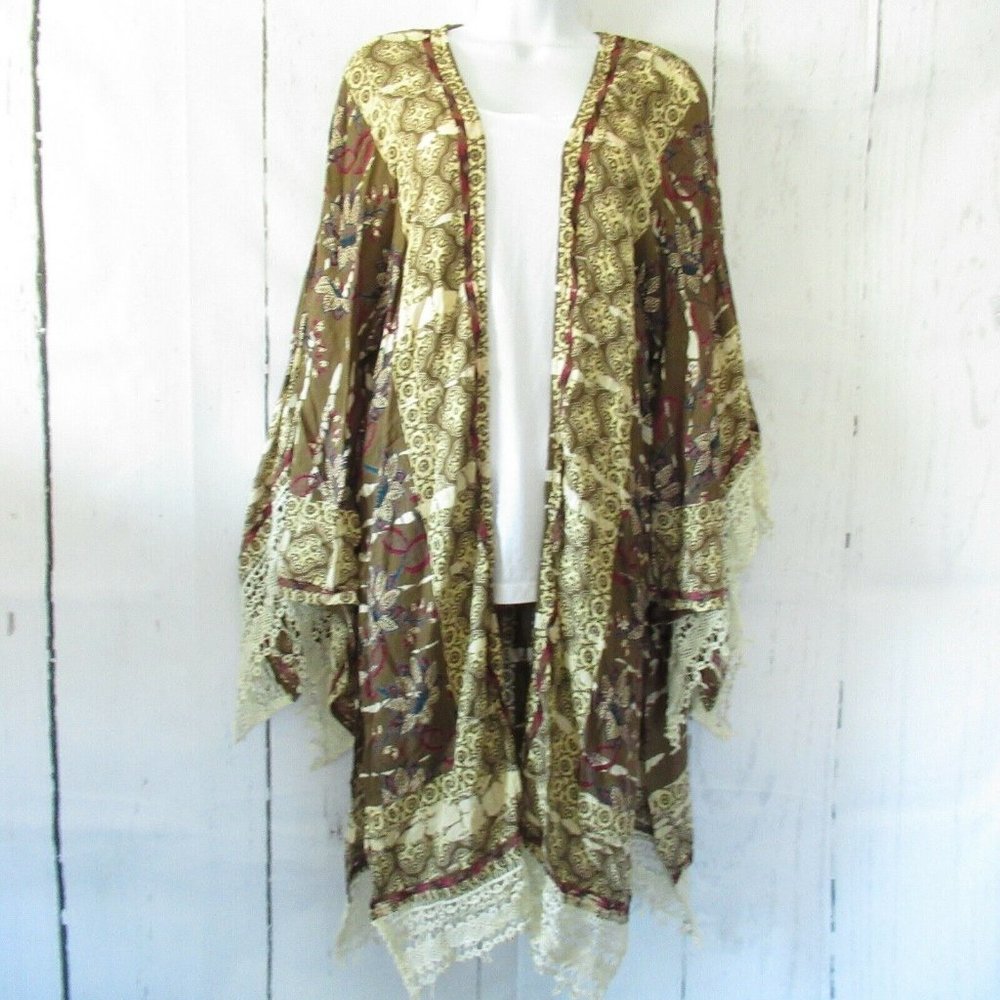 Angie Olive Green Lace Trim Floral Kimono